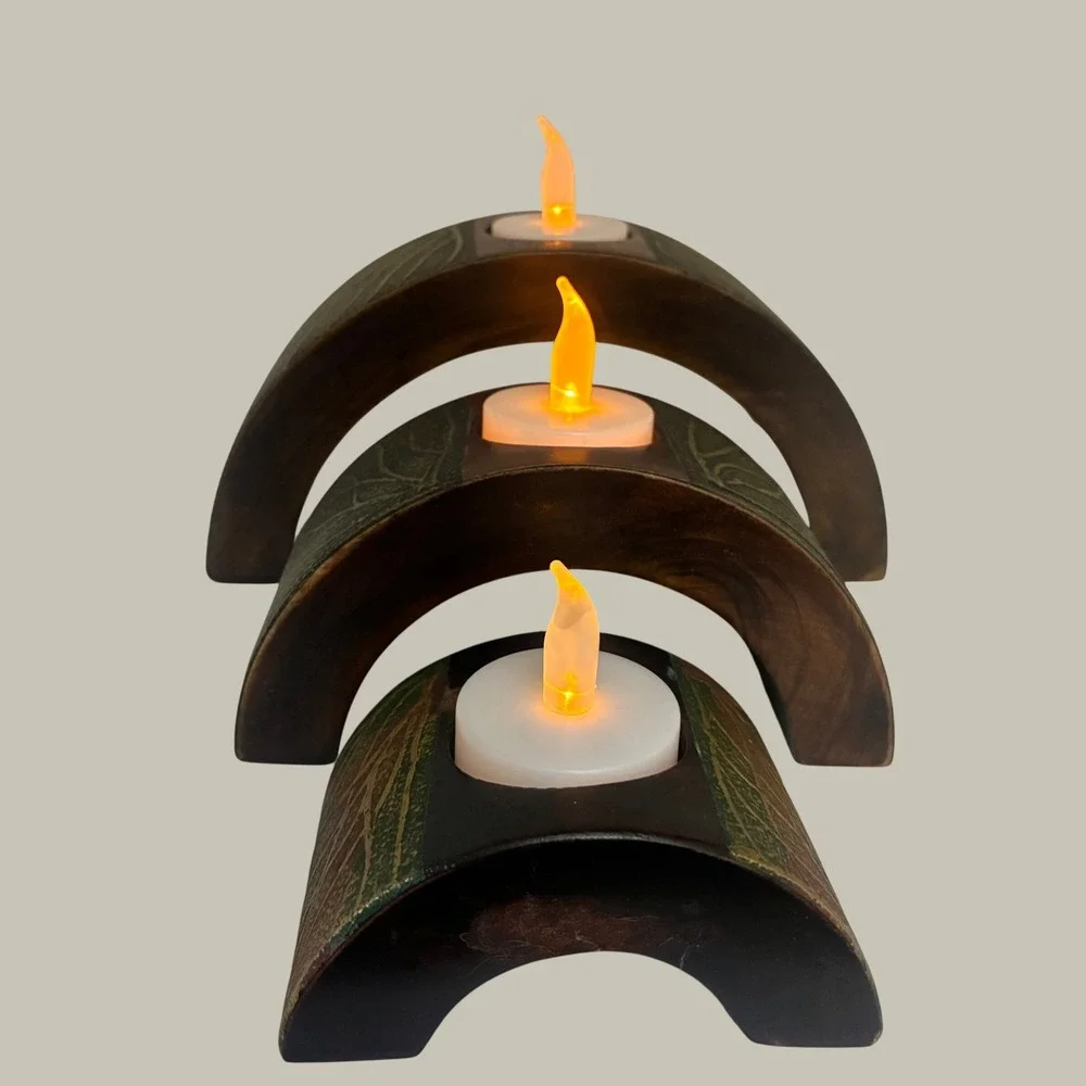 Wooden Candle Holder Set 5pc Brown Green Gold Leaf Motif Etched Decor